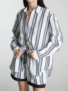 Ontre 2025 年夏季女装，拼色条纹，都市时尚夏季休闲衬衫和短裤套装，适合独立日、圣约翰节、通勤、办公室、茶会、日常穿着 - 黑與白 - 查看 1