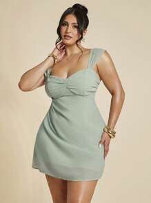 SHEIN BAE 大码女式绿色褶皱无袖迷你连衣裙，夏季，毕业典礼 - 綠色 - 查看 6