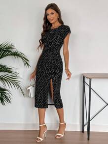 EMERY ROSE Heart Print Crew Neck Waist Twist Detail Front Slit Women Midi Dress