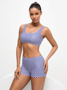 Swim Nautrix 女士两件套沙滩装 - 棋盘格印花高弹力分体泳衣，运动和户外活动泳装 - 藍白色 - 查看 5