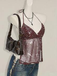 SHEIN ICON Women's Sexy Y2K Sequin Mesh Open Back Halter Neck Top - Coffee Brown - View 3