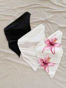 Soleia 3pcs/Set Women Casual Ruched Asymmetric Hemline Tight Camisole Tank Top Set, Suitable For Summer Holiday, Floral Print Suitable For Going Out