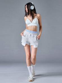 Menodora SHEIN Sport 女式针织拼色抽绳腰运动短裤 - 淺灰色 - 查看 5