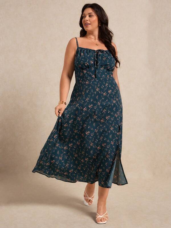 Elaquor Summer Vacation Plus Size Boho Spaghetti Strap Side Slit Floral Blue Dress Milkmaid Dress