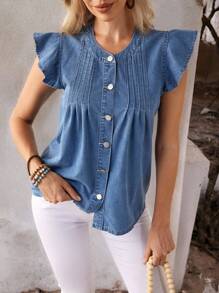SHEIN LUNE Women's Summer Single Breasted Mini Cap Sleeve Casual Denim Shirt Blouse - Blue - View 5