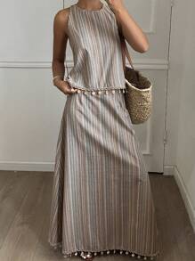 Livesso 夏季新款海滩度假装，条纹流苏波西米亚风格两件套女士