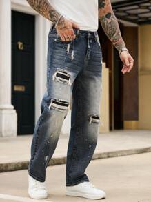 Manfinity Roughcore Men's Distressed Ripped Denim Jeans Casual Modern Style With Paint Splatter Detail And Zipper Fly - Blue - View 6