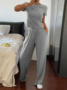 DAZY 简约纯色波浪边装饰修身上衣和裤子家居服套装睡衣 - 灰色 - 查看 4