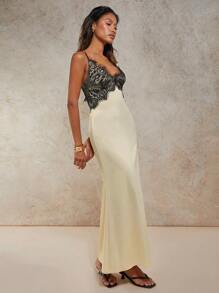 COSMINA Women Contrast Lace Fitted Elegant Sleeveless Dress Summer Dresses For Women