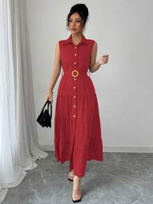 Women's Single-Breasted Sleeveless Shirt Dress With Ruffled Hem In Solid Color - Red - View 7