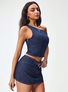 Jeanoix 女士不对称肩部短款牛仔上衣 - 深色水洗藍 - 查看 4