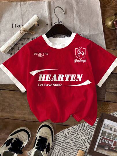 Camiseta de manga corta de estilo deportivo para niña preadolescente con texto "Aprovecha el día", "Permite que el amor brille maravilloso", estampado del clásico logo de caballo, de corte sencillo y casual, para verano