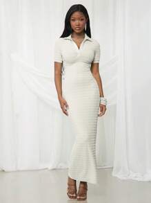 NYA SZN Elegant Off-White Summer Tea Party Maxi Dress,Short Sleeve Collared Textured Fitted Gown For Wedding Guest,Graduation,Bridal Dinner & Special Occasion - White - View 6