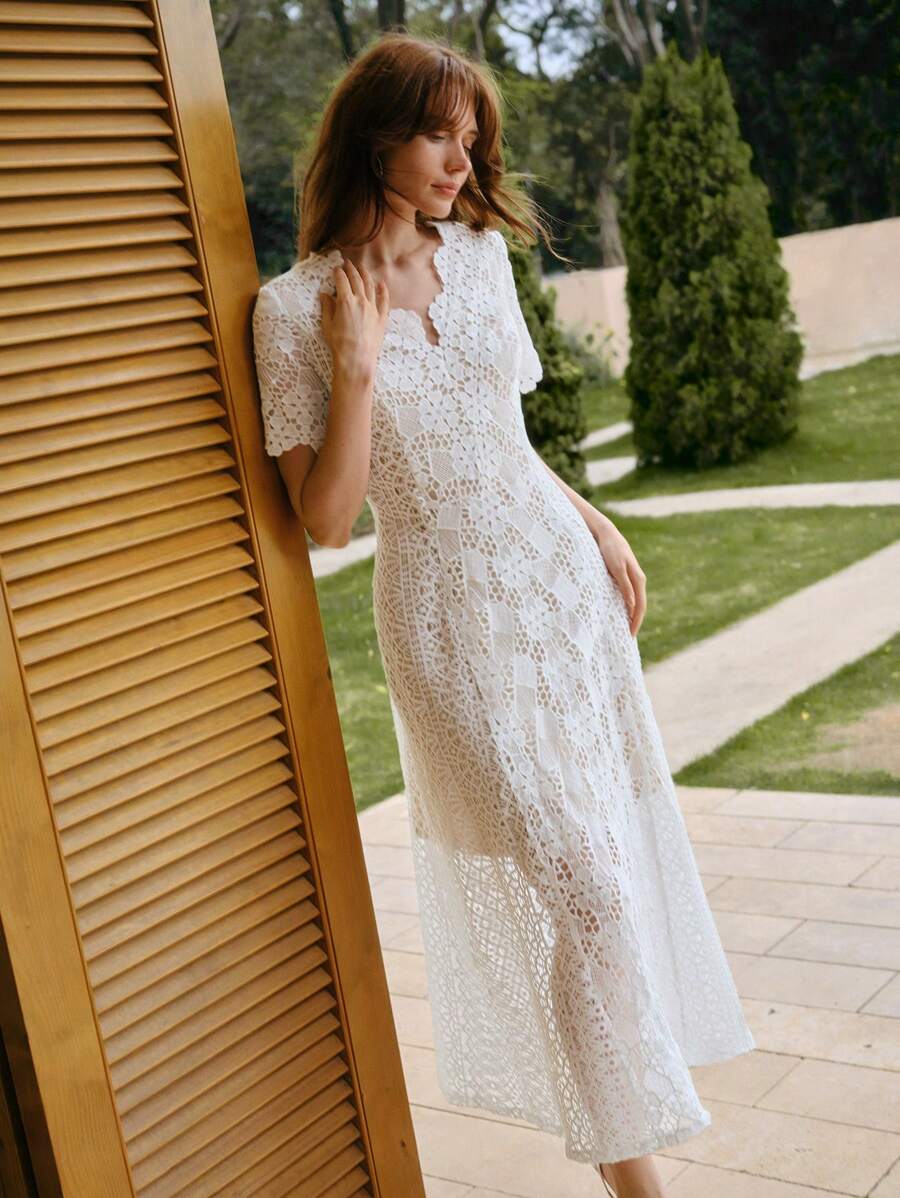 MOTF PREMIUM GUIPURE LACE ZIPPER DRESS - White - View 1