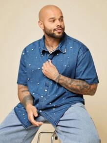EASEVO Plus Size Men Casual Denim Shirt With Pearl Decor, Suitable For Summer