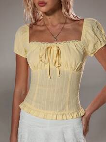 TRNVIE 度假风格方领荷叶边腰部 100% 纯棉提花泡泡袖女式衬衫，春夏 - 黃色 - 查看 3