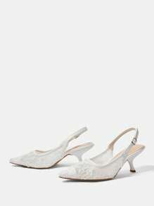 CUCCOO HITCHD Damen Spitze bestickte Spitzschuh Kitten Heel elegante romantische weiße Spitze Mesh Pumps mit mittlerem Absatz, Festschuhe für Braut, Brautjungfer, Party, Hochzeit