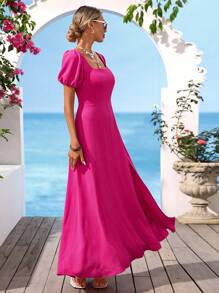 Vivid Eden Maxikleid für Damen Einfarbig, mit Webstruktur, offenem Rücken und Schleife