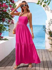 Vivid Eden Robe de vacances à fines bretelles avec dos nu et perles pour femmes - Rose bonbon - Voir 1
