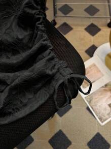 Franclia Women's Floral Jacquard Button-Down Drawstring Hem Chinese Style T-Shirt - Black - View 4