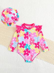 SHEIN 女婴碎花印花连体泳衣，度假/沙滩泳衣，女婴泳装，女童泳衣，连体泳衣，防紫外线 - 彩色 - 查看 6