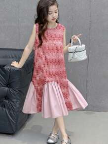 Tween Girl Fashion Elegant Sleeveless 3D Floral Mesh Splice Princess Party Dress - Pink - View 3