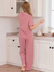 SHEIN Women Striped Print Loose Collared Short Sleeve Pajama Set  Cozy And Elegant Details - Red - View 2