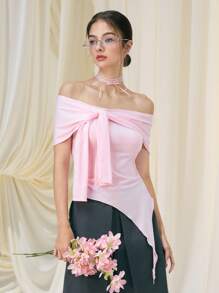 SHEIN MOD Women's Solid Color Cinched Waist Off Shoulder Tie-Up Top ,Women Summer Clothes, Vacation, Pink, Country Concert,Y2k Tops - Pink - View 3