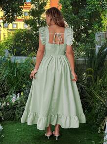 Flirla Plus Size Women Striped Print Ruffle Hem Maxi Dress - Green - View 3