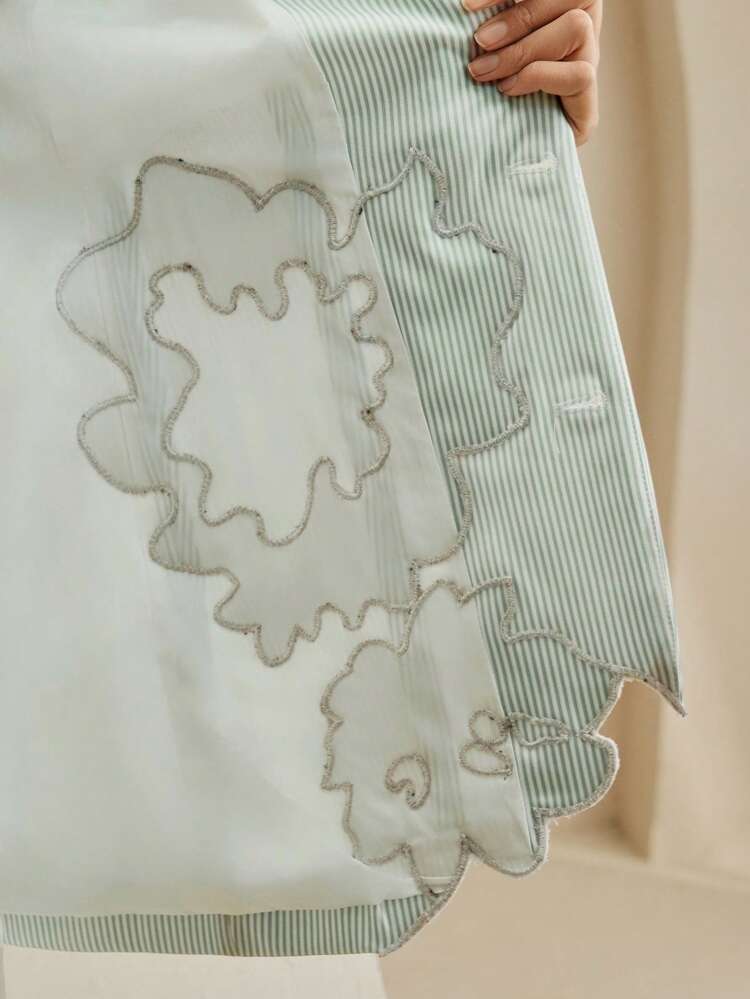 Urban Chic Retro Elegant Green-White Striped Embroidery Fitted Ladies Blazer