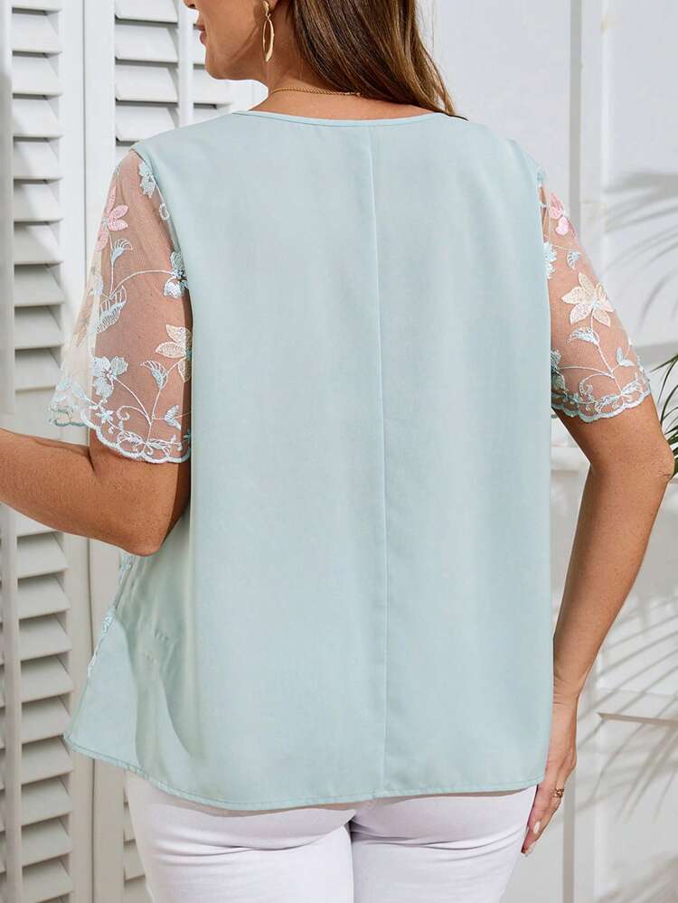 Plus Size Women Floral Embroidered Mesh Round Neck Short Sleeve Fashion Blouse, Tunic Top,Summer,Going Out Tops Women,Summers For Women,Country Concert,Vacation Tops,Bohemian Clothes,Countrys Women,Teachers For Women,Business Casual Women,Fall Women Clothes