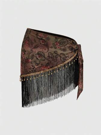 Plus Size Women's Retro Hippie Sexy Music Festival Fringe Tie-Dye Paisley Print Cover-Up Dress