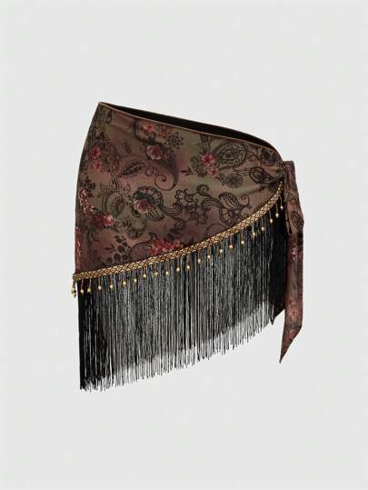 Plus Size Women's Retro Hippie Sexy Music Festival Fringe Tie-Dye Paisley Print Cover-Up Dress