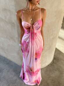 Aloruh 优雅的度假装备粉色数码印花抹胸连衣裙 - 粉色 - 查看 8