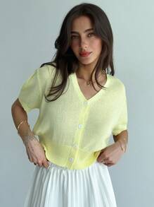 Aloruh Women's Plain Simple Daily Short Sleeve Knit Yellow Cardigan Top - Yellow - View 4