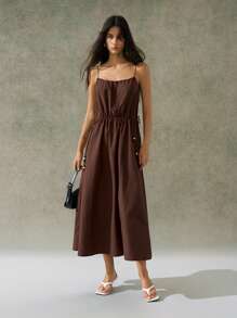 LYSMO 2025 Summer And Early Autumn Minimalist Style INS Blogger Style Brown Suspender Drawstring Dress For Festival Style, Birthday Party Outfits, Airport Style And Back To School Season - Khaki - View 6