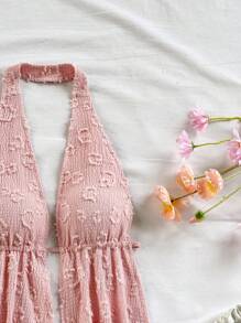 Soleia 两件套黄色纹理面料拼接荷叶边露背裹腰女式度假/派对夏季服装，适合音乐节，波西米亚风格 - 粉色 - 查看 7