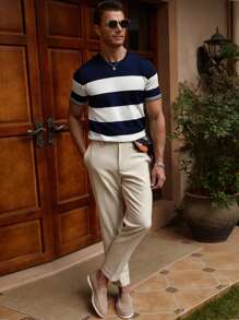 Manfinity CityGents Suéter de cuello redondo de manga corta casual de punto a rayas para hombre