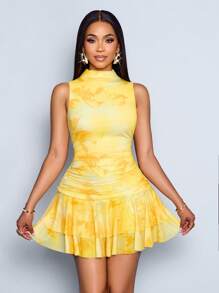 SOLERSUN 女士夏季度假性感派对聚会返校季迷你连衣裙千金优雅艺术印花短裙 - 黃色 - 查看 4
