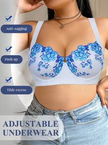 SHEIN Damen Große Größen 1 Stück weißer Drahtloser BH, sexy Mesh-Stickerei breiter Träger bequemer BH - Blau-Weiß - Übersicht 5