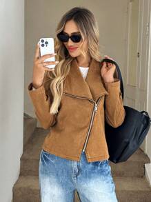 Easowa 大翻領拉鏈開襟機車夾克 - 卡其色 - 查看 5