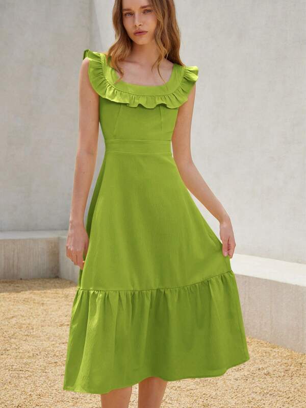 GENKIRA 全新复古法式休闲度假乡村清新简约纯色大翻领荷叶边腰部修身喇叭裙女式中长连衣裙