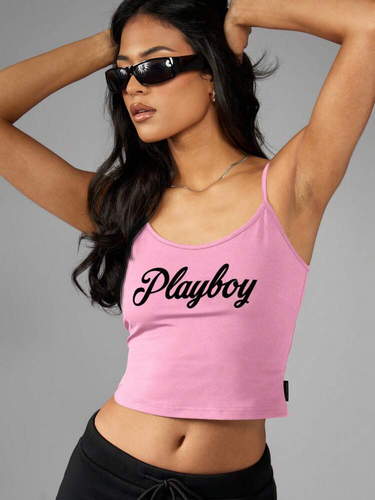 Missguided x Playboy Iconic Script Logo Cami Crop Top Retro Style Summer Festival Stretch Tank Top Sleeveless Fashion