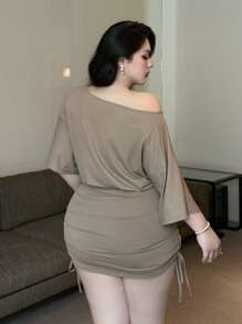 Vibekara Plus Size Off-Shoulder Butterfly Sleeve Gathered Waist Bodycon Dress