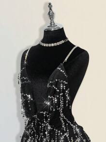 SHEIN ICON Dramatic Plunging Neck Rhinestone Decor Backless Criss-Cross High Slit Mini Dress,Boho Clothes Women - Black - View 4