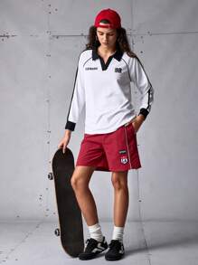 SHEIN Sports Pantaloni scurți sport casual cu autocolante simple pentru femei, pentru antrenament atletic - roșu - Vizualizare 7