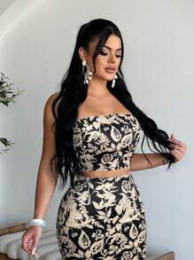 SHEIN SXY 女士全印花吊带背心和半裙两件套，优雅夏季套装 - 黑色 - 查看 6