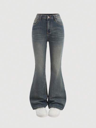 SHEIN Girlism 复古蓝色牛仔蝴蝶结口袋设计喇叭裤，适合少女，女孩夏季早午餐教堂毕业派对服装，街头服饰，女孩夏季海滩波西米亚风度假短裤，夏季音乐会节日休闲狂欢服装，女孩夏季早午餐教堂毕业服装，街头服饰，返校服装，返校服装