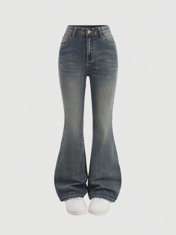 SHEIN Girlism Pantaloni evazați vintage din denim albastru cu buzunare și funde pentru adolescente, ținute de vară pentru fete, brunch la biserică, petrecere de absolvire, streetwear, pantaloni scurți de vacanță boho pentru plajă, ținute de vară pentru concerte, festivaluri, rave casual, ținute de vară pentru fete, brunch la biserică, absolvire, streetwear, ținute pentru înapoi la școală, ținute pentru înapoi la școală