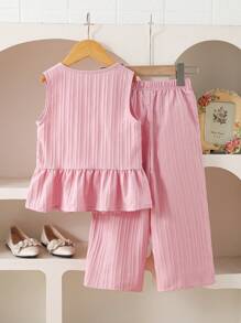 2pcs/Set Young Girls Summer Solid Color Single-Breasted Bowknot Ruffle Hem Vest Top And Solid Color Long Pants, Simple And Commuting Outfit Young Girls Clothing Sets Two Pieces - Pink - View 2